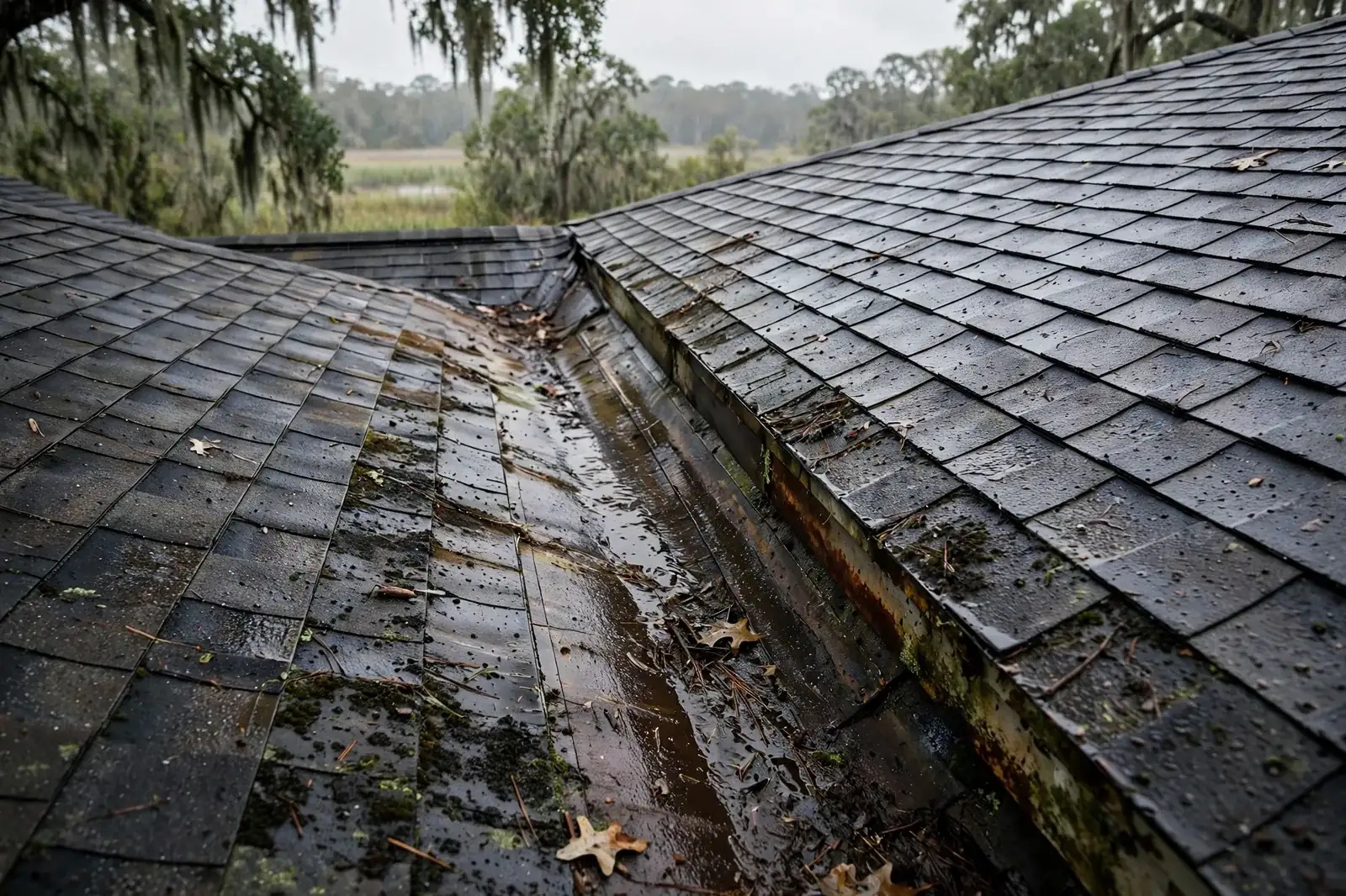 Rain soaked shingle roof with lifted shingles under dark storm clouds in Beaumont, Texas