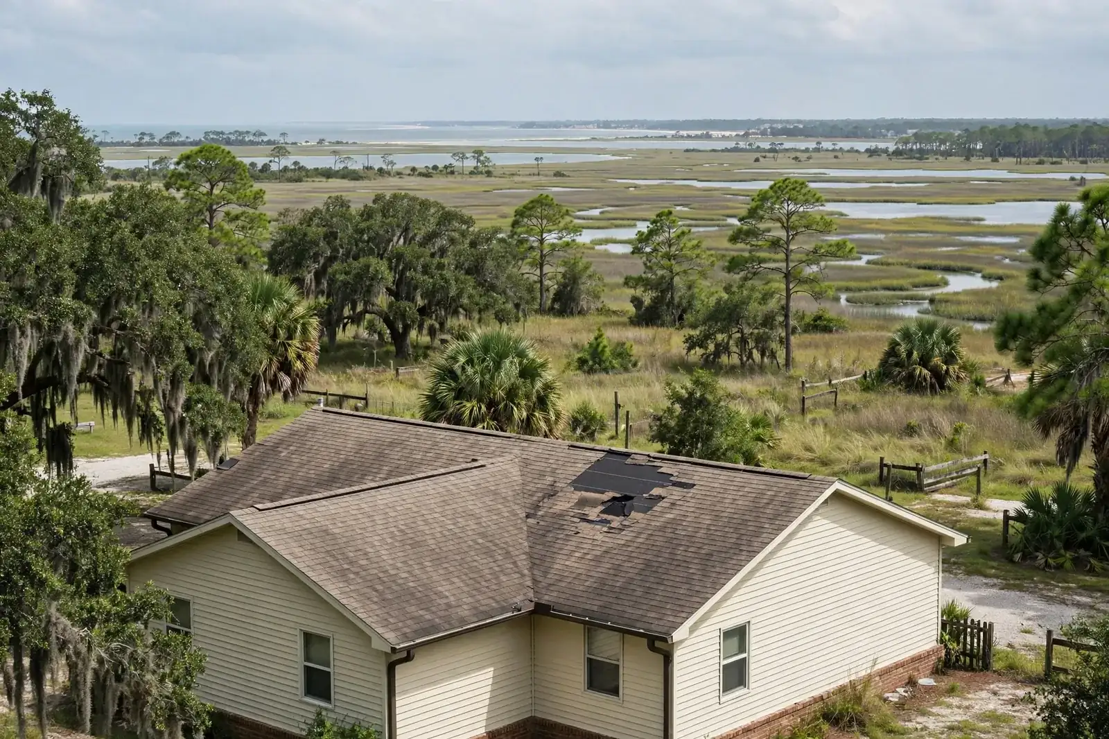 Rain soaked shingle roof with lifted shingles under dark storm clouds in Beaumont, Texas