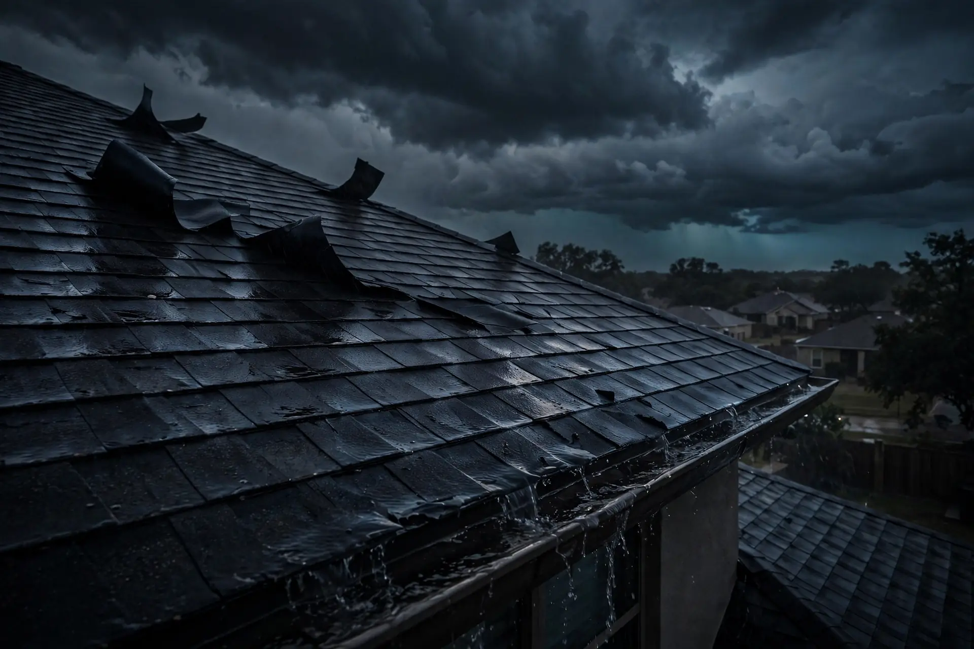 Rain soaked shingle roof with lifted shingles under dark storm clouds in Beaumont, Texas