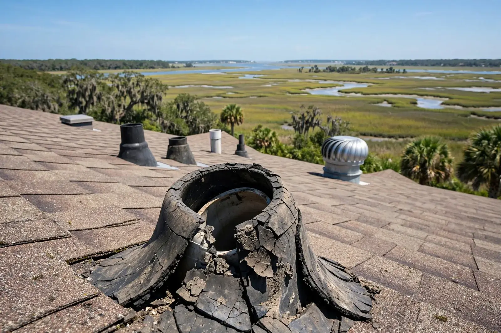 Roofing work related to roof vent and pipe boot repair on a home in Beaumont, Texas