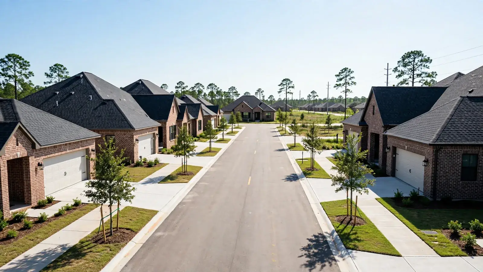 Residential street with homes and roofs in Dowlen West, Beaumont, Texas