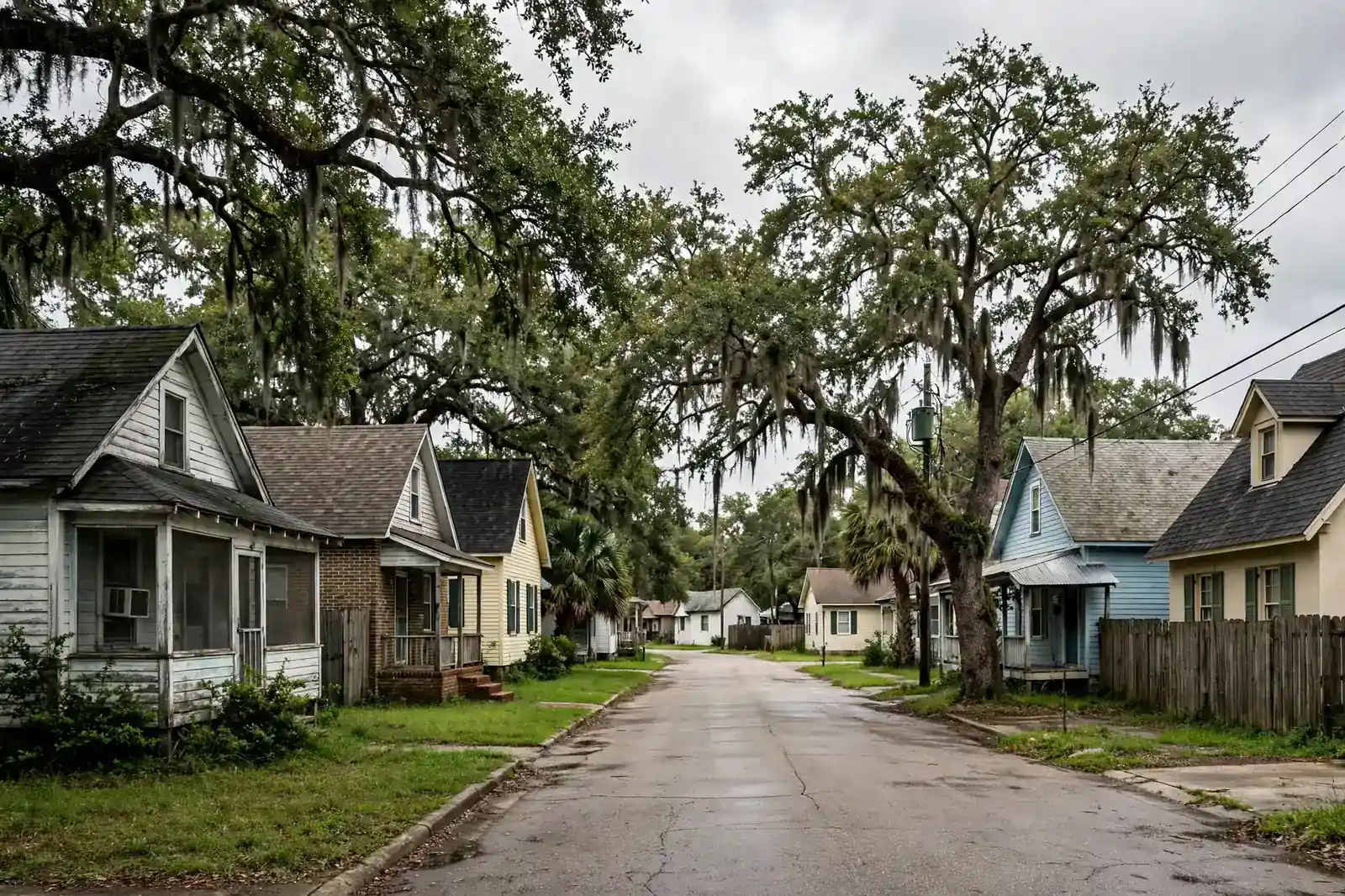 Residential street with homes and roofs in North End, Beaumont, Texas